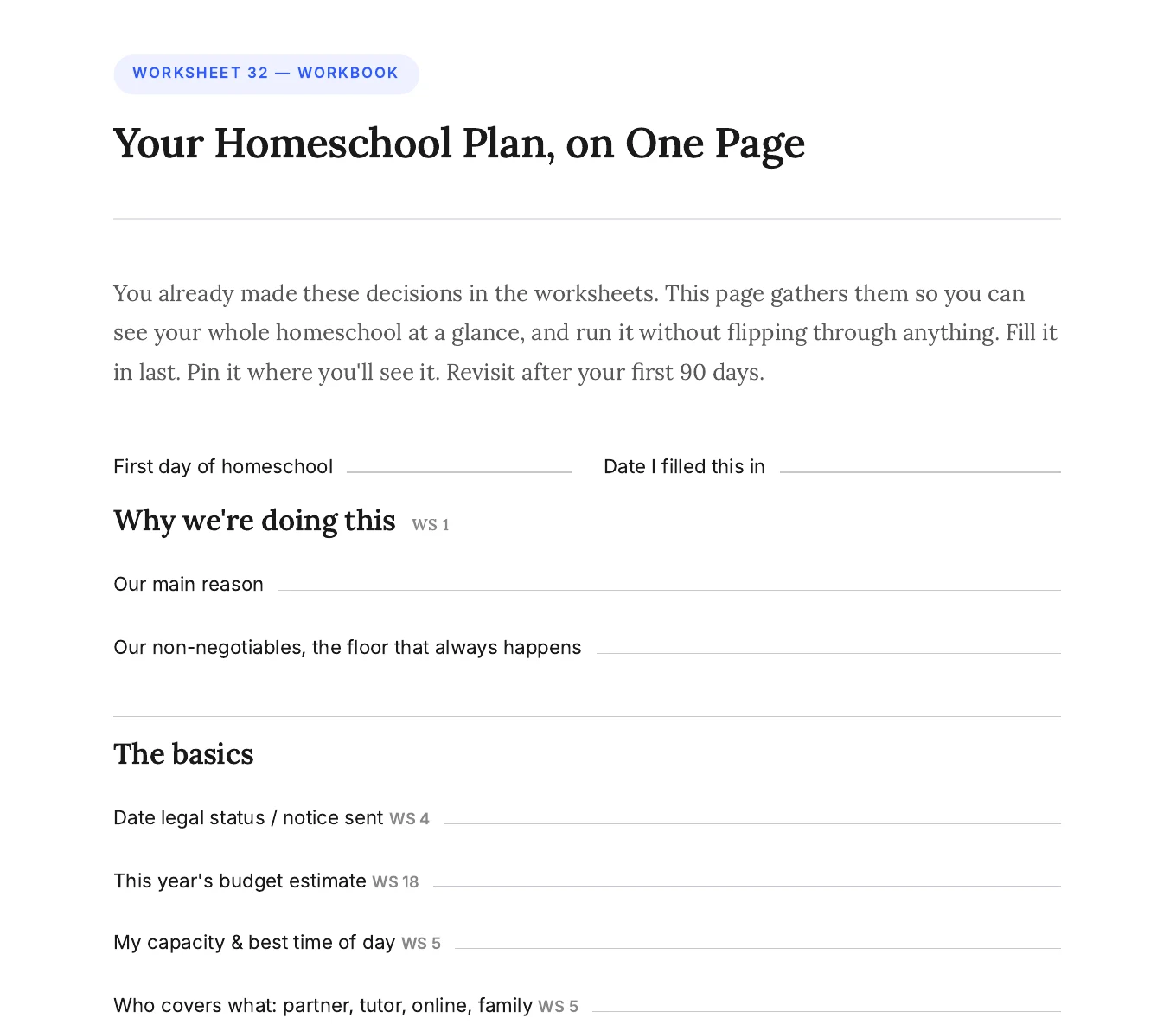 Worksheet 32, a one-page summary of your homeschool plan