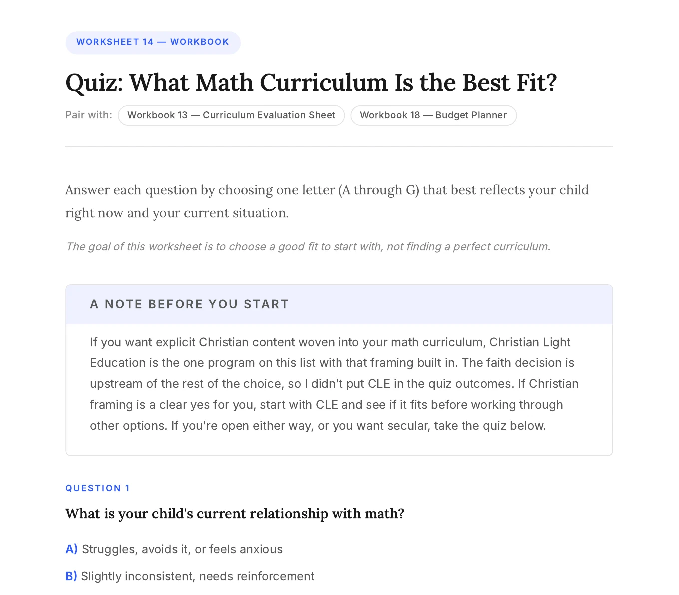 Worksheet 14, a quiz for choosing a math curriculum